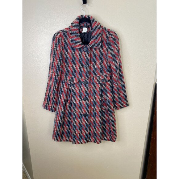 Pixie Wool-Blend Plaid Peacoat Womens S Red/Black Button Up Long Sleeve Coat - Picture 1 of 7